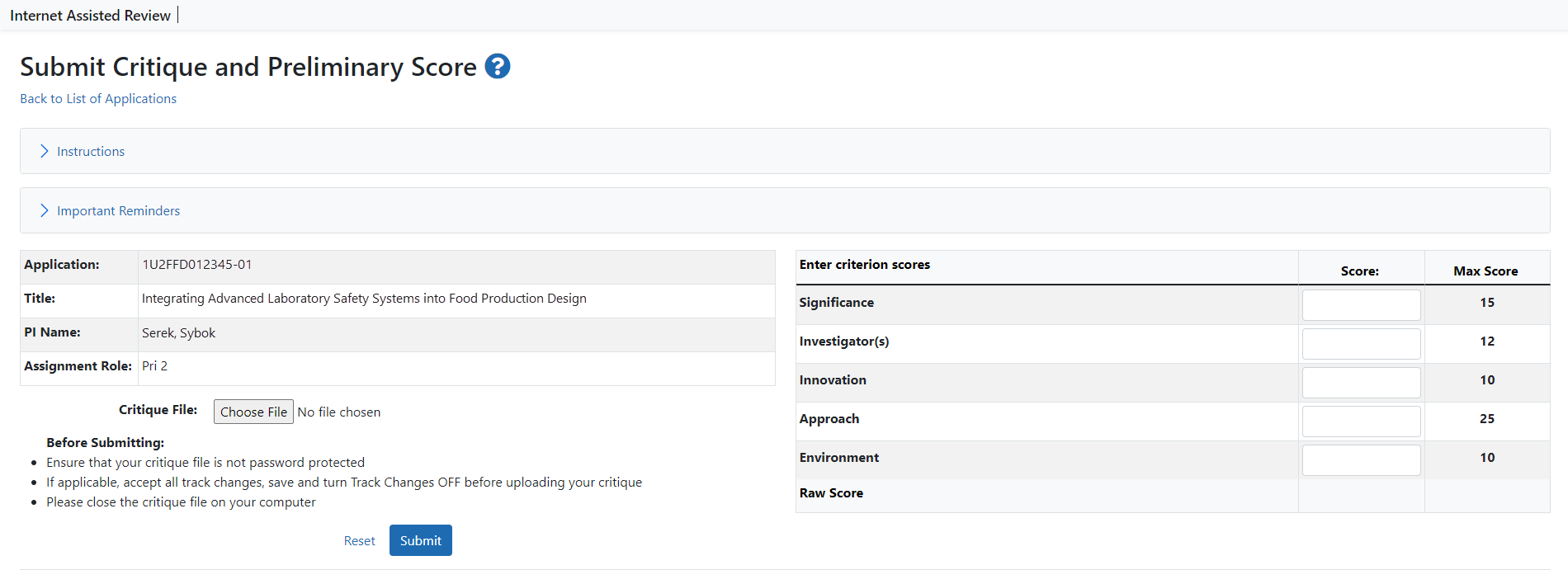 FDA Submit Critiques and Preliminary Score screen