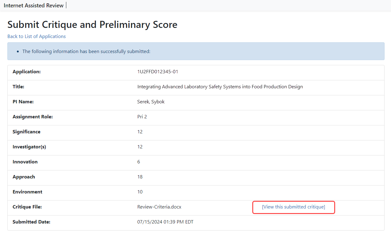 Submit Critique and Preliminary Score screen after submission. 