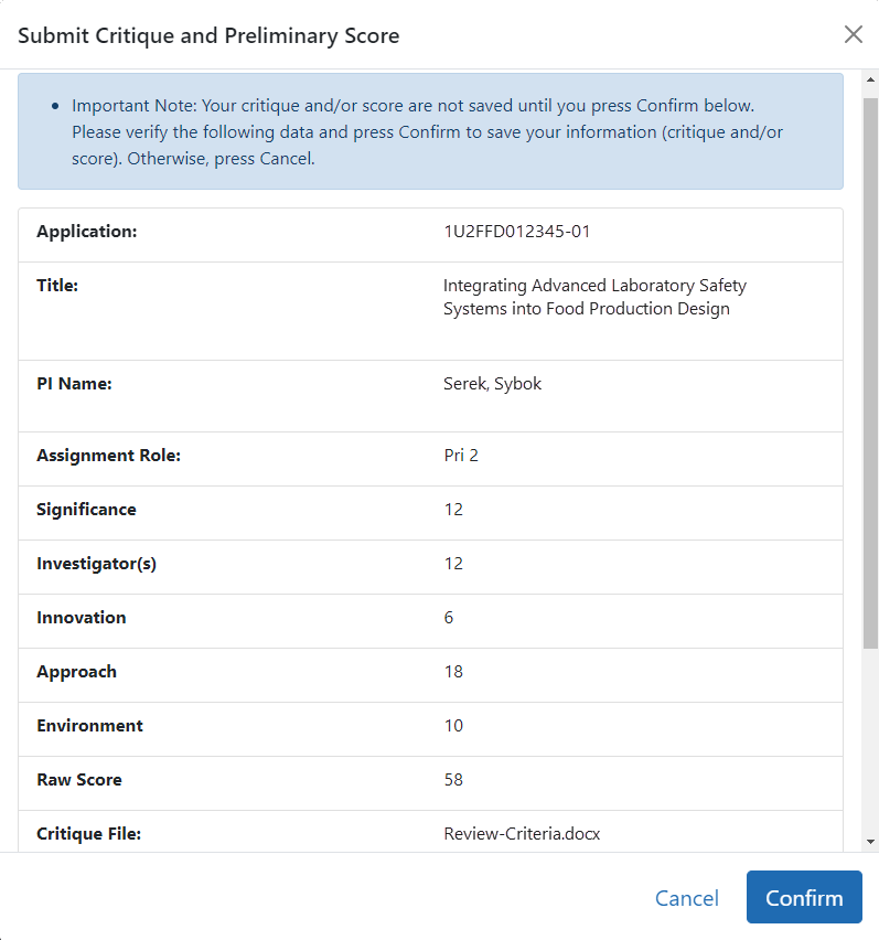 Submit Critiques and Preliminary Score confirmation screen