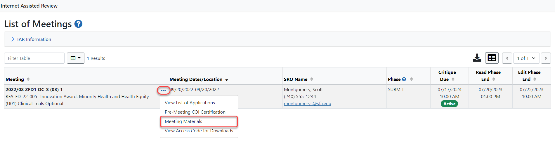 Select the Meeting Materials link in the Action column