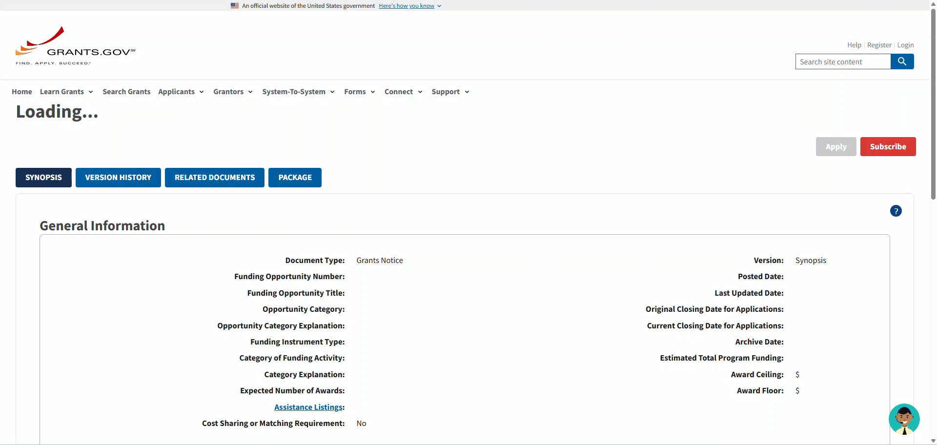 Sample of a Grants.gov NOFO page