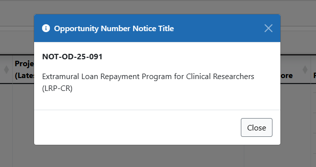 Sample of an NIH LRP NOFO information window