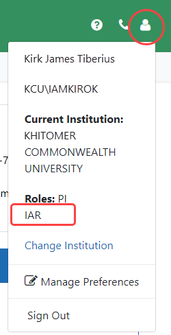 IAR role displayed for user's account