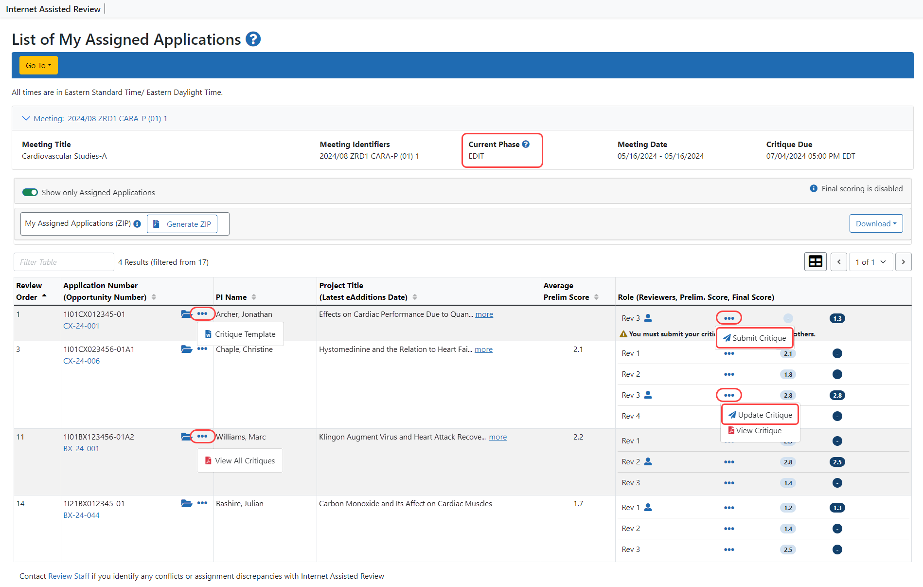 List of My Assigned Applications screen during the Edit phase showing the three-dot ellipses action options.