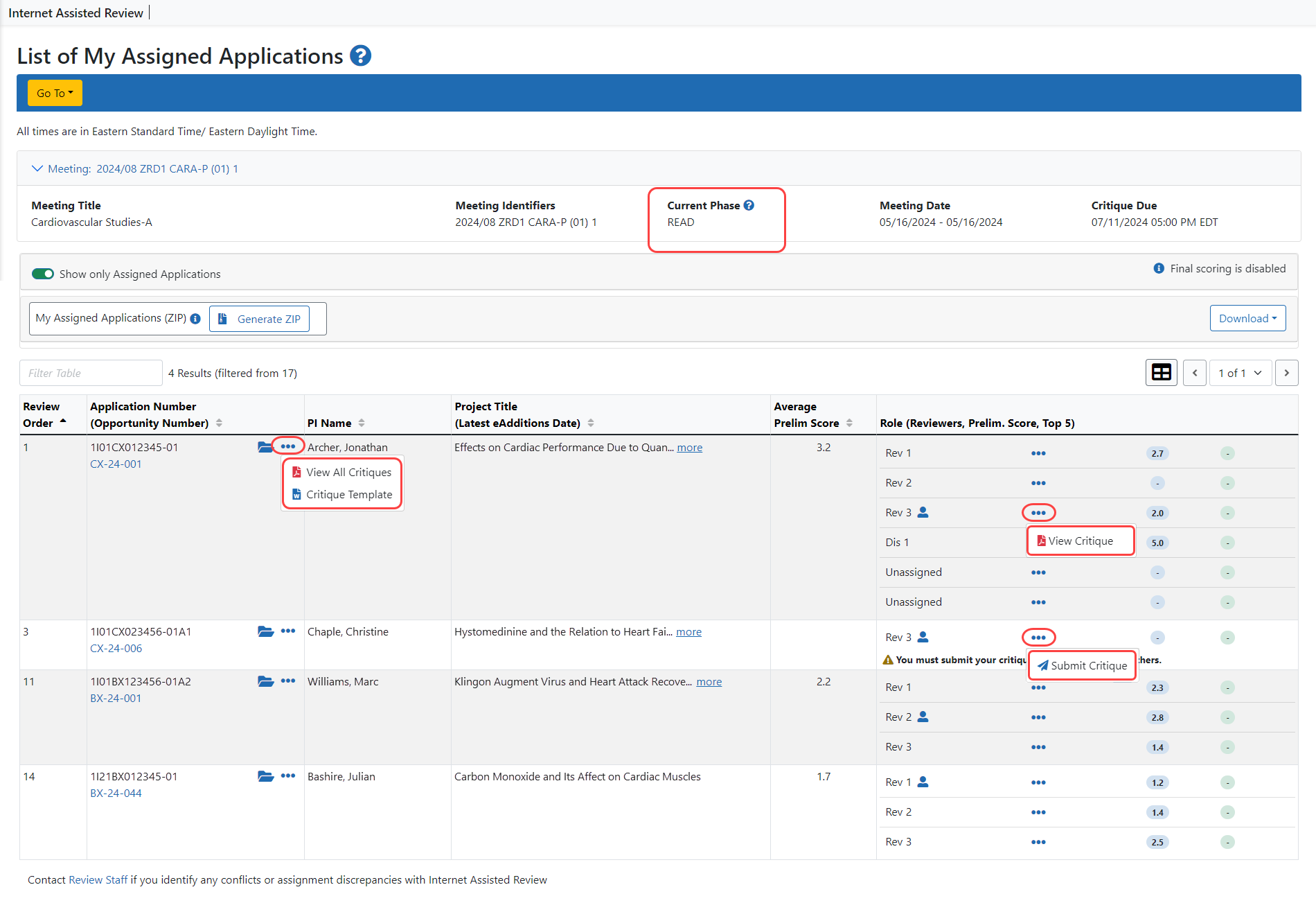 List of My Assigned Applications screen during the Read phase showing three-dot ellipses icon options.