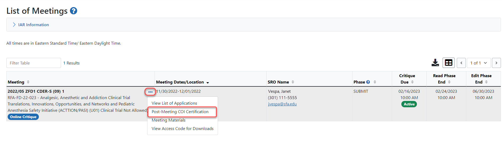 List of Meetings Screen showing link to Post COI certification