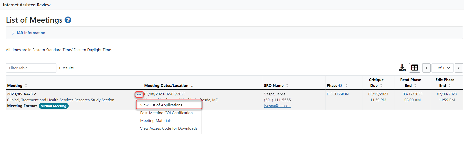 List of Meetings showing the "View List of Applications" link on the List of Meetings screen