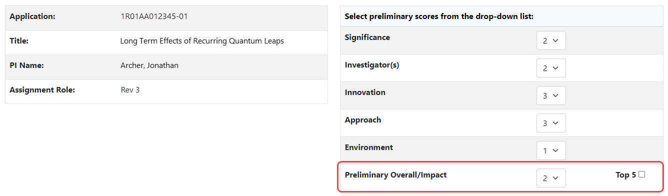 Top 5 checkbox on the Submit Critique and Perliminary Score screen