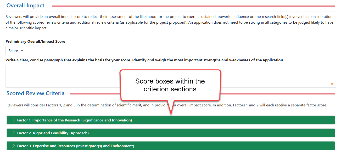 The newer Online Critque Template where score boxes are contained within the expandable criterion sections