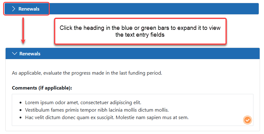 Click the blue or green bar to expand it to see its text entry fields. 