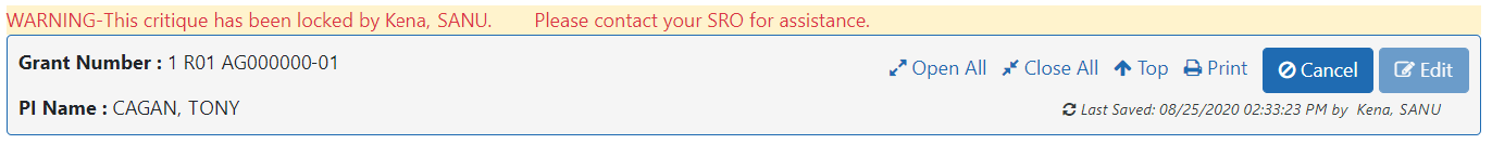 Gray bar if SRO/ESA has locked the critique from editing by the reviewer.