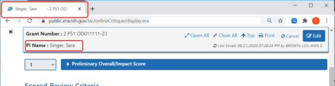 Tab and gray bar always show PI name and Grant Number