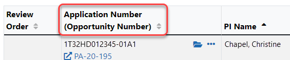 Portion of the List of Applications screen showing Grant number label changed to Application Number (Opportunity Number)