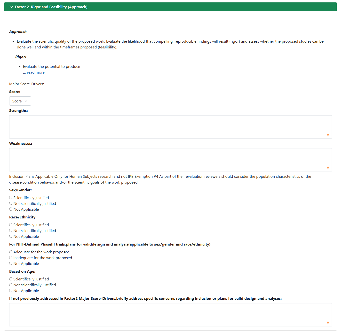 Factor 2: Rigor and Feasibility (Approach) section