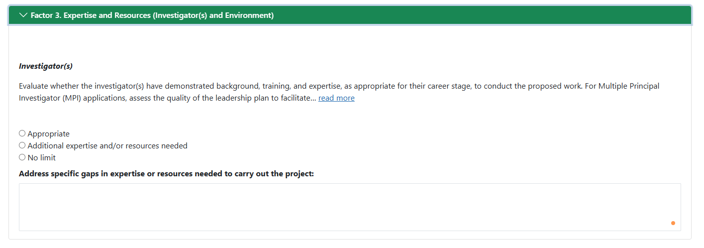 Factor 3: Expertise and Resources (Investigator(s) and Environment) section