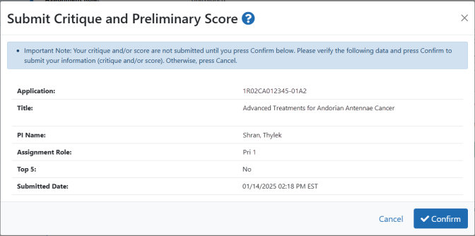 Submit Critique and Preliminary Score window