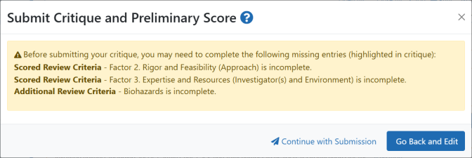 Warning on submit listing incomplete fields
