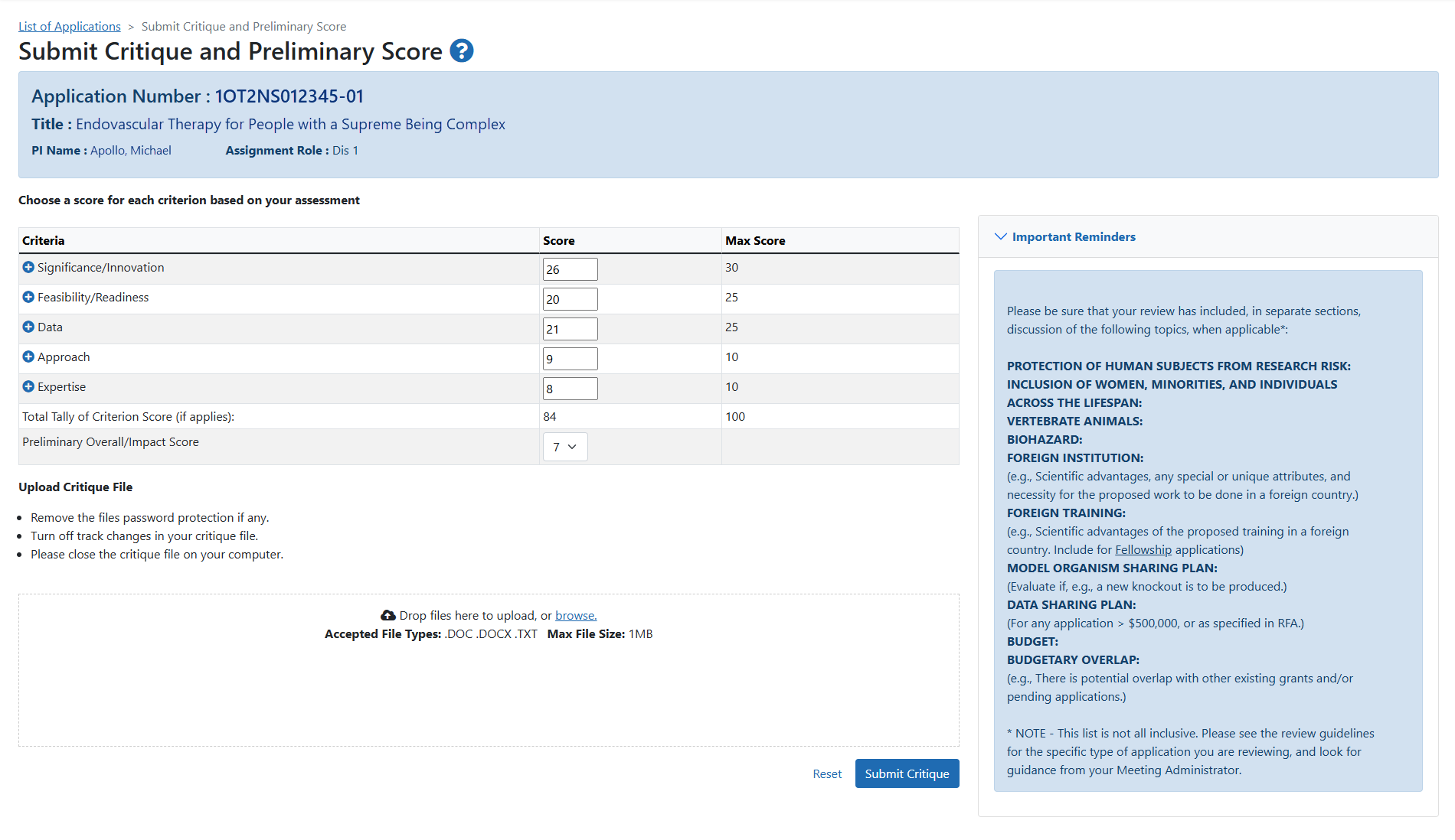 Other Transaction (OT) Submit Critique and Score screen