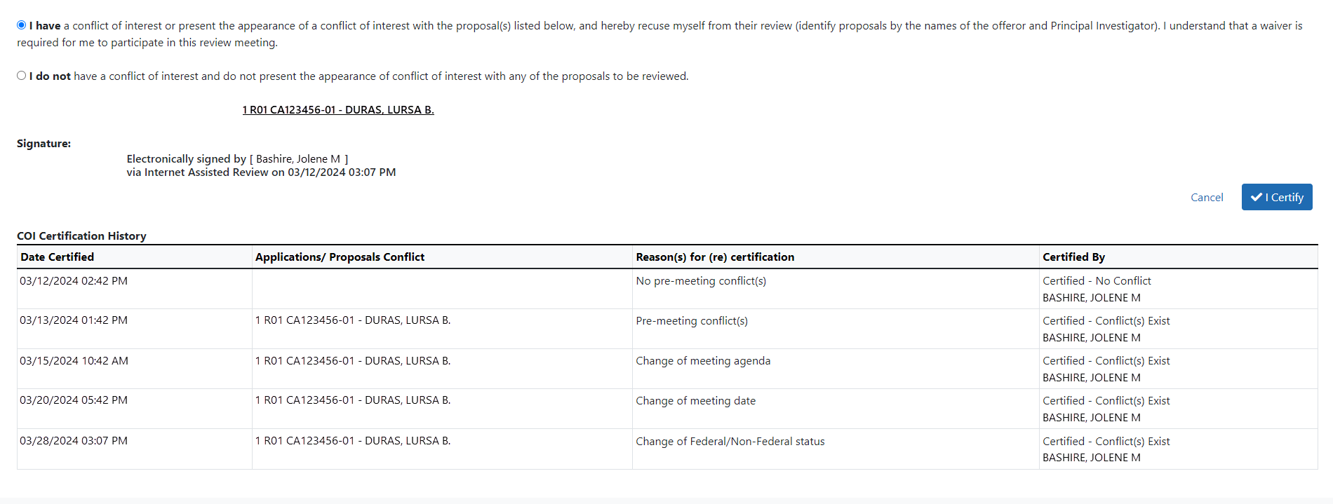 COI Certification History tables showing all possiblie recertification scenarios