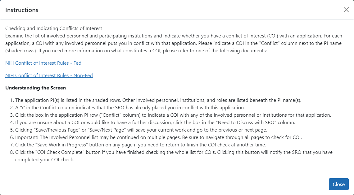 Check Conflicts of Interest instructions