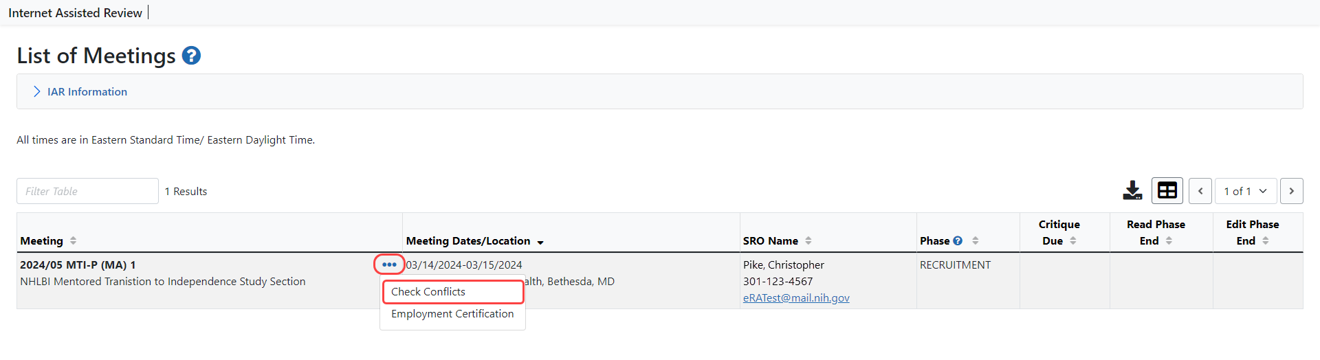 During the Recruitment phase, the Check Conflicts option shows under the three-dot ellipsis icon
