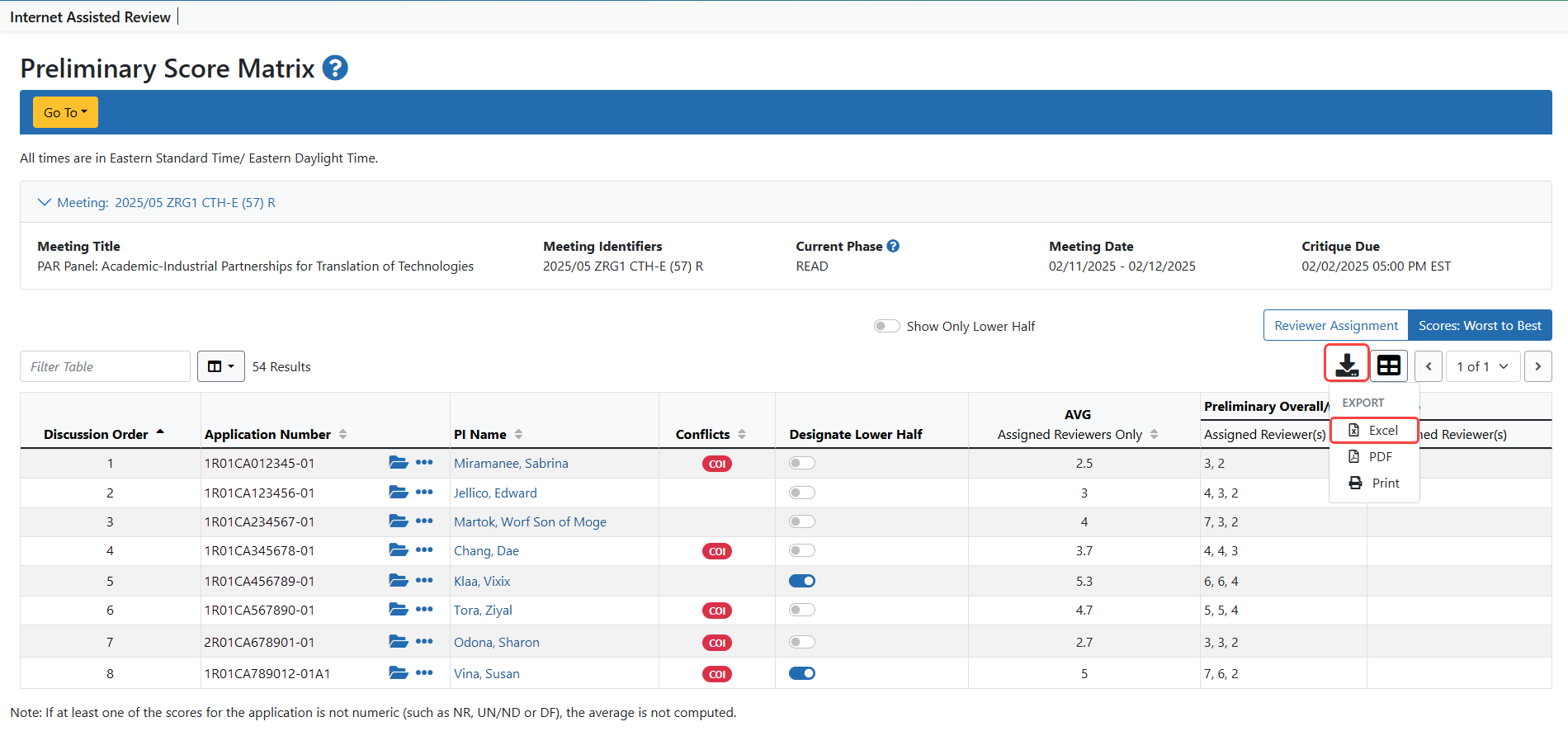 Preliminary Score Matrix showing the Export Tool icon and the menu. 