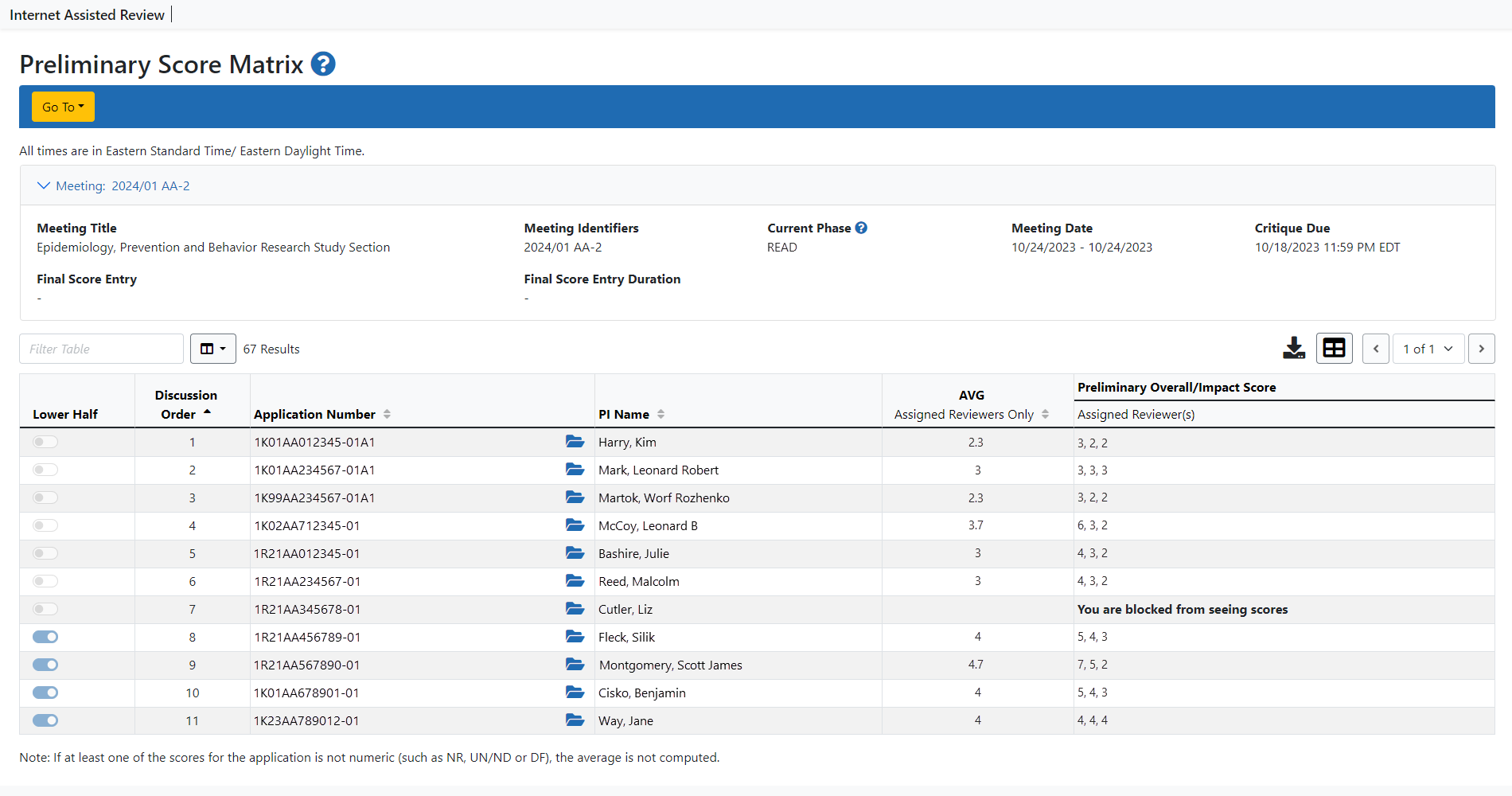 Preliminary Score Matrix screen