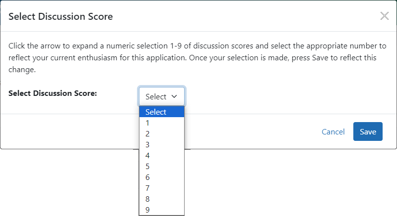 Select Discussion Score pop-up window