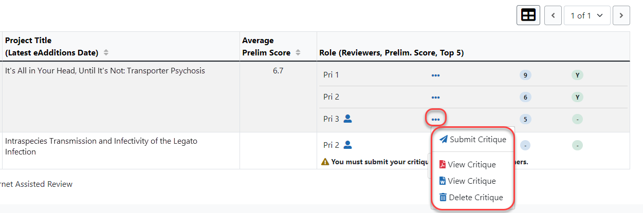 Options for review after submitting a critque accessed by clicking the three-dot ellipses icon