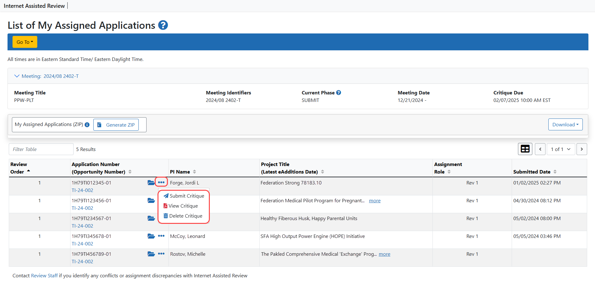 Options for review after submitting a critque accessed by clicking the three-dot ellipses icon