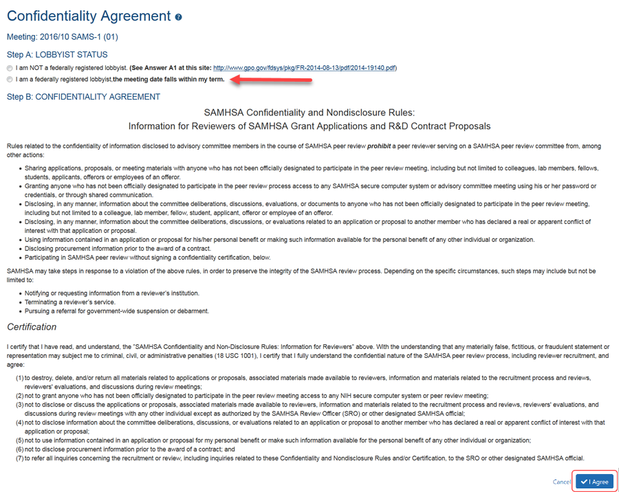 SAMHSA Confidentiality Agreement show status options