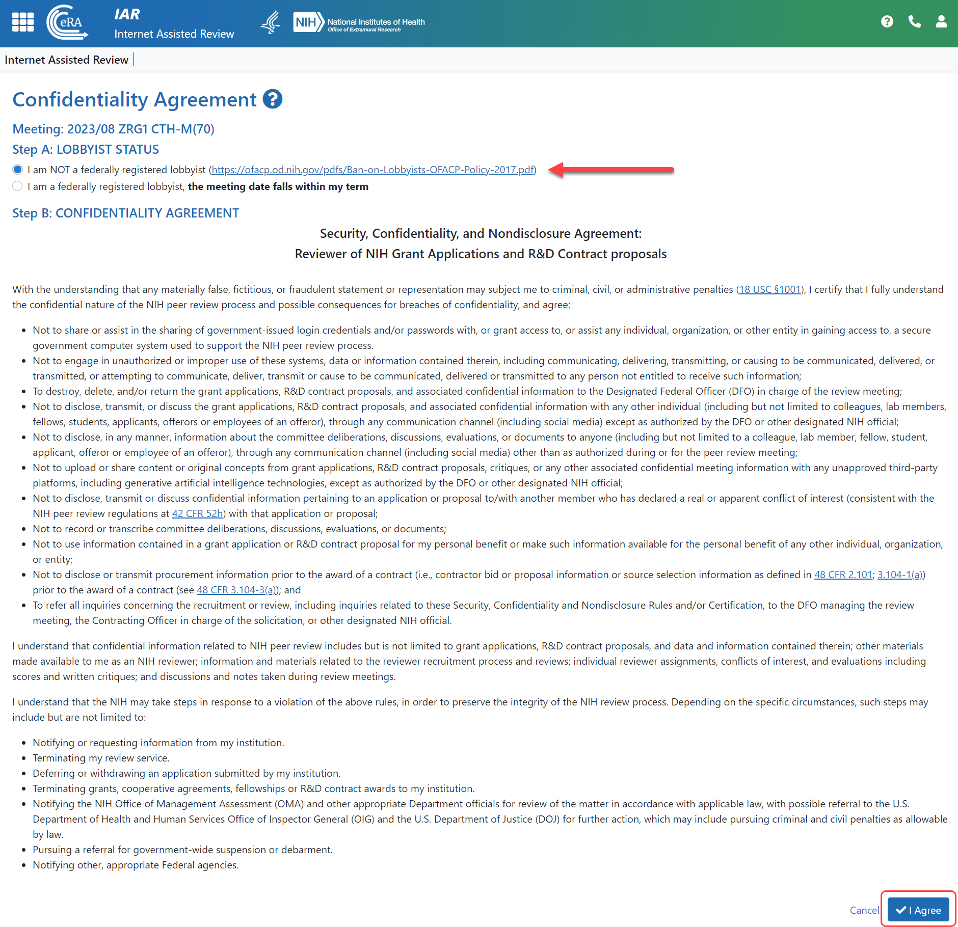 Confidentiality Agreement screen with the radio button for "not a lobbyist" is selected