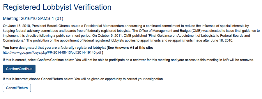 Lobbyist verification screen