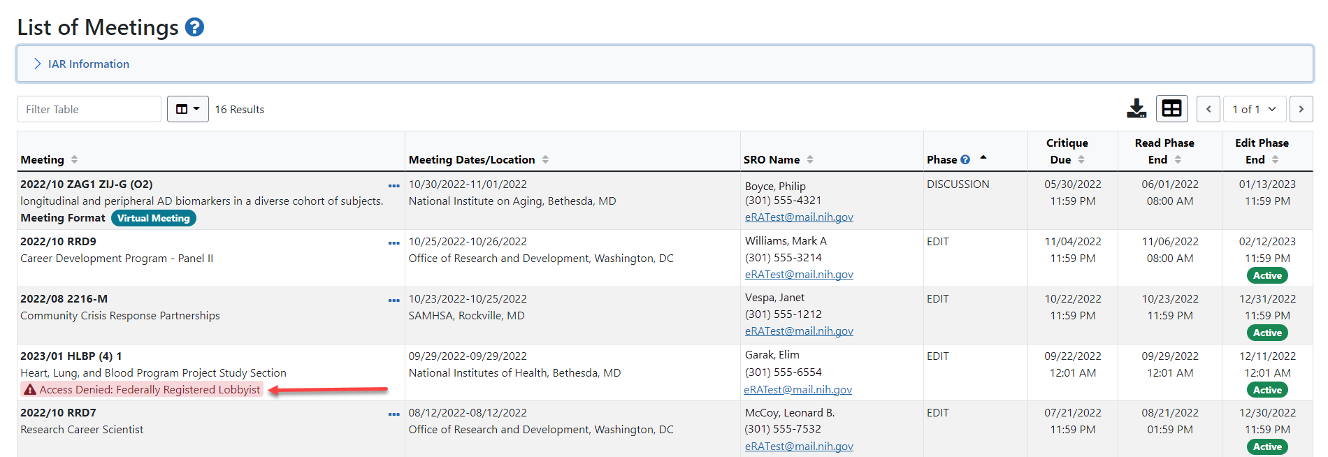 Meeting column shows Access Denied due being a lobbyist