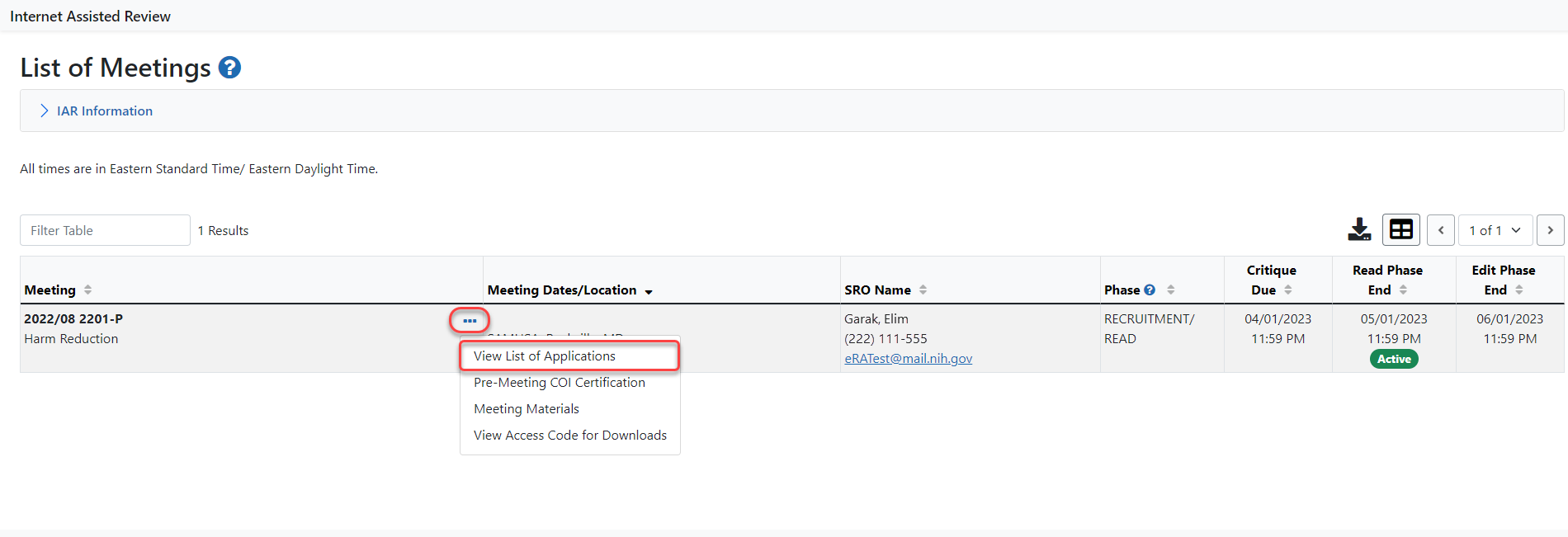 View List of Applications link under the three-dot ellipses icon in List of Meetings screen