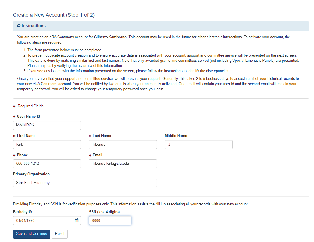 Step 1 of 2 when creating an account is to provide the required information