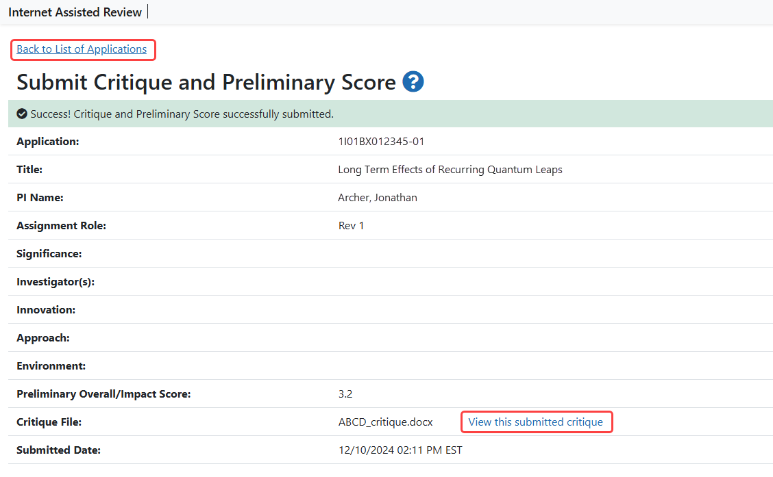 Submit Critique and Preliminary Score submission success screen