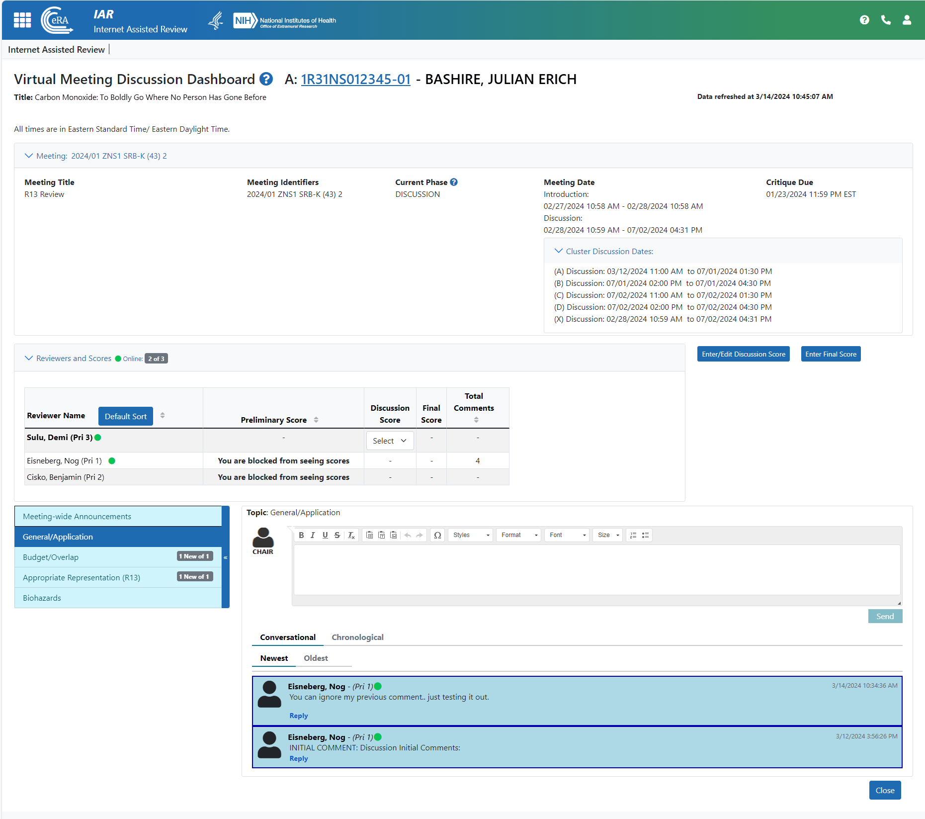 Virtual Meeting Discussion Dashboard showing clusters and scores Virtual Meeting Discussion Dashboard showing clusters and scores