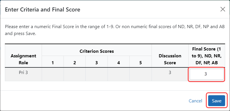 Enter Final Score window