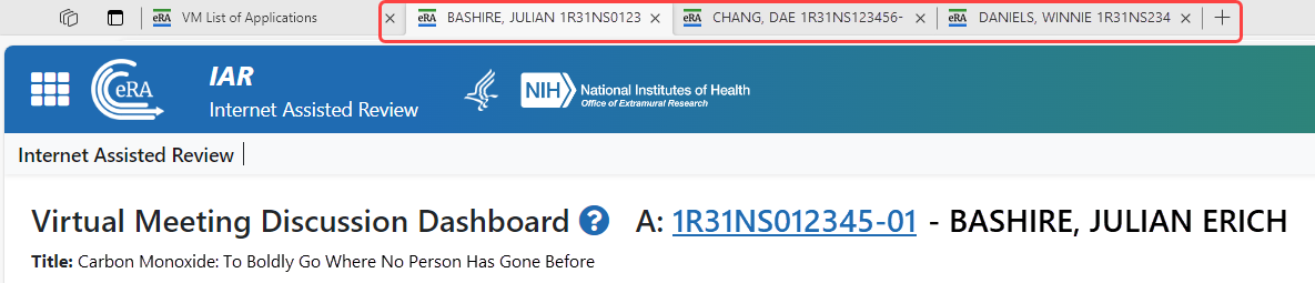Individual browser tabs for each application selected