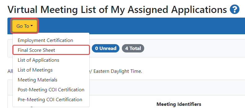 Go To: drop-down menu option to select Final Score Sheet