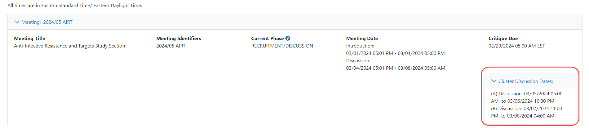 VM Meeting Information showing clusters