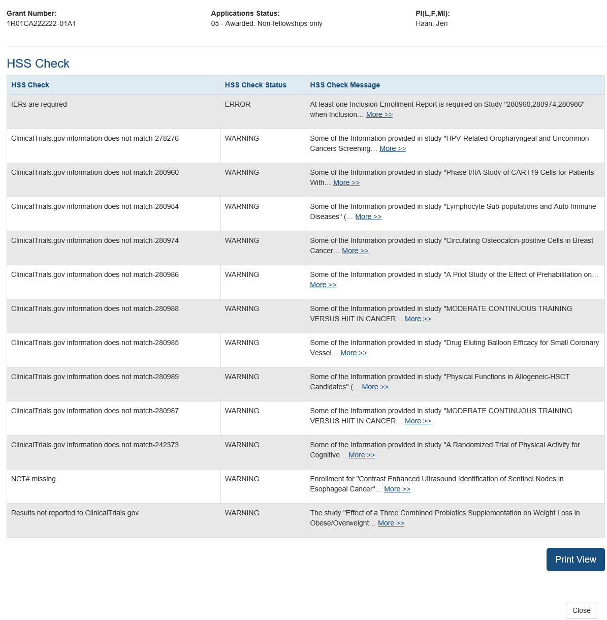 HSS Checks screen