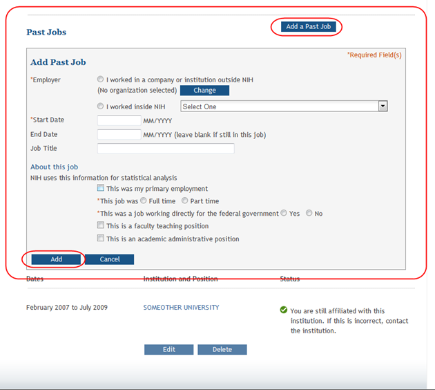 Add Past Job box