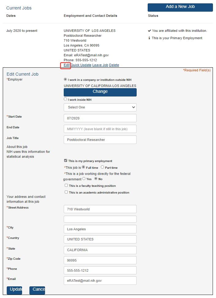 Edit Current Job section