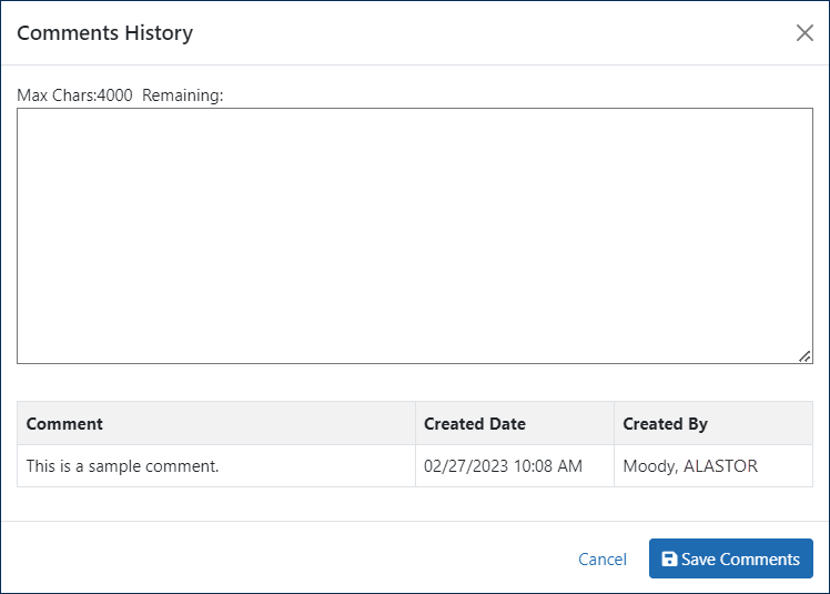 Comments History screen