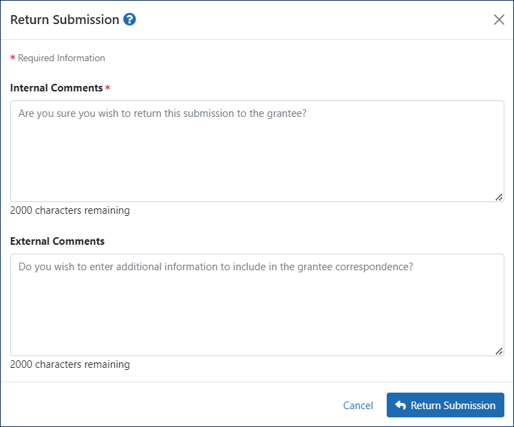 Return Submission screen with fields for internal comments and external comments.