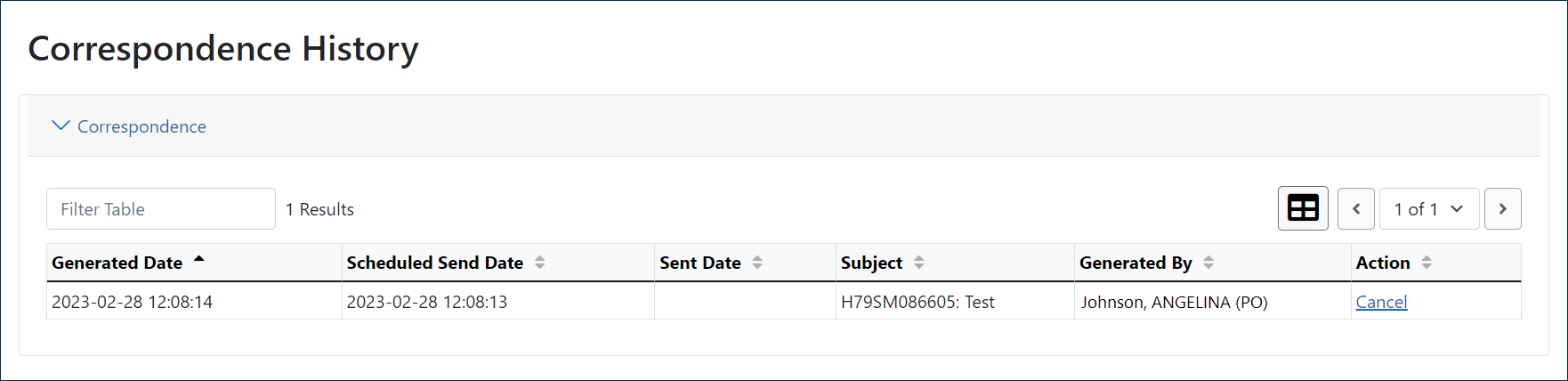 Correspondence History screen