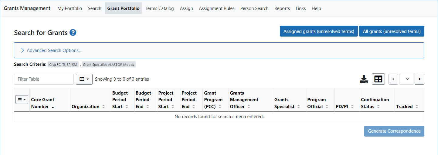 Grant Portfolio tab, Search for Grants screen