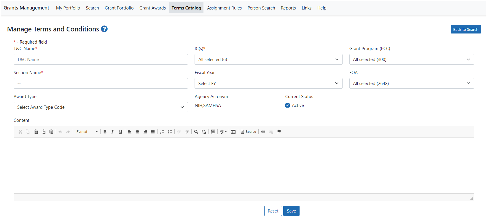 Manage Terms and Conditions screen